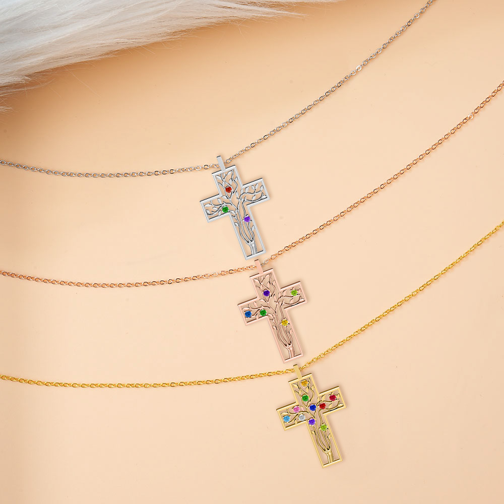 Personalisierter Familienbaum-Kreuzanhänger mit Geburtsstein, Personalisierte Halskette, Muttertagsgeschenk für Mama, Oma, christlicher Schmuck