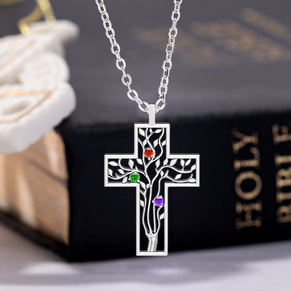 Personalisierter Familienbaum-Kreuzanhänger mit Geburtsstein, Personalisierte Halskette, Muttertagsgeschenk für Mama, Oma, christlicher Schmuck