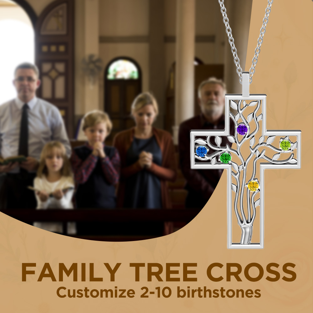 Personalisierter Familienbaum-Kreuzanhänger mit Geburtsstein, Personalisierte Halskette, Muttertagsgeschenk für Mama, Oma, christlicher Schmuck