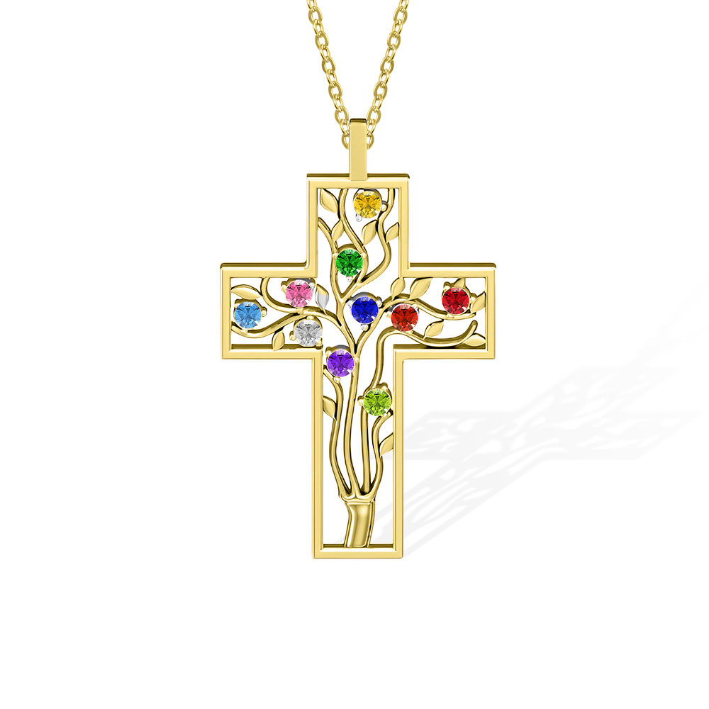 Personalisierter Familienbaum-Kreuzanhänger mit Geburtsstein, Personalisierte Halskette, Muttertagsgeschenk für Mama, Oma, christlicher Schmuck