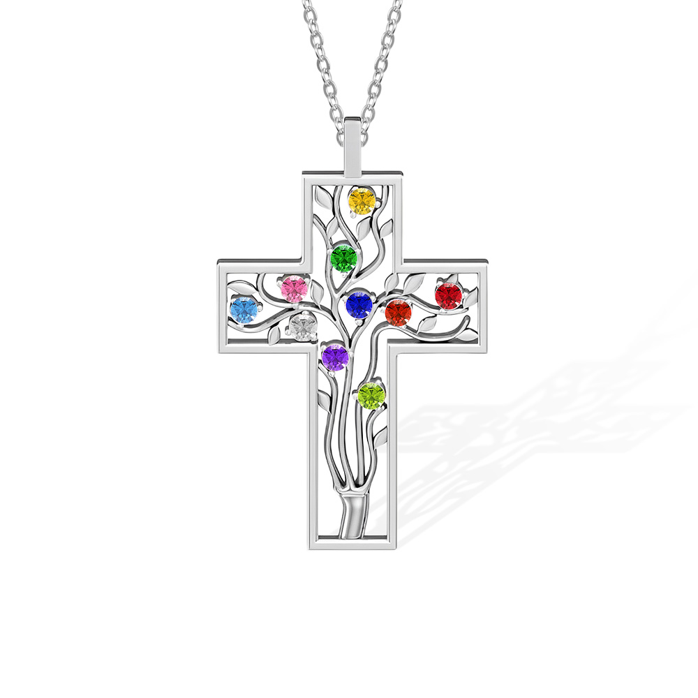 Personalisierter Familienbaum-Kreuzanhänger mit Geburtsstein, Personalisierte Halskette, Muttertagsgeschenk für Mama, Oma, christlicher Schmuck