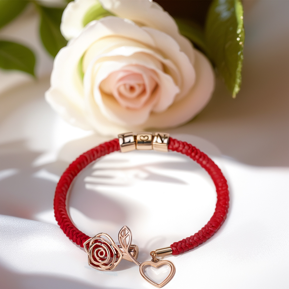 Customizable Red Rose Flower Bracelet with Initials, Personalized Red Rose Charm Bracelet, Adjustable Romantic Bracelet for Her, Perfect Gift for Anniversary or Love