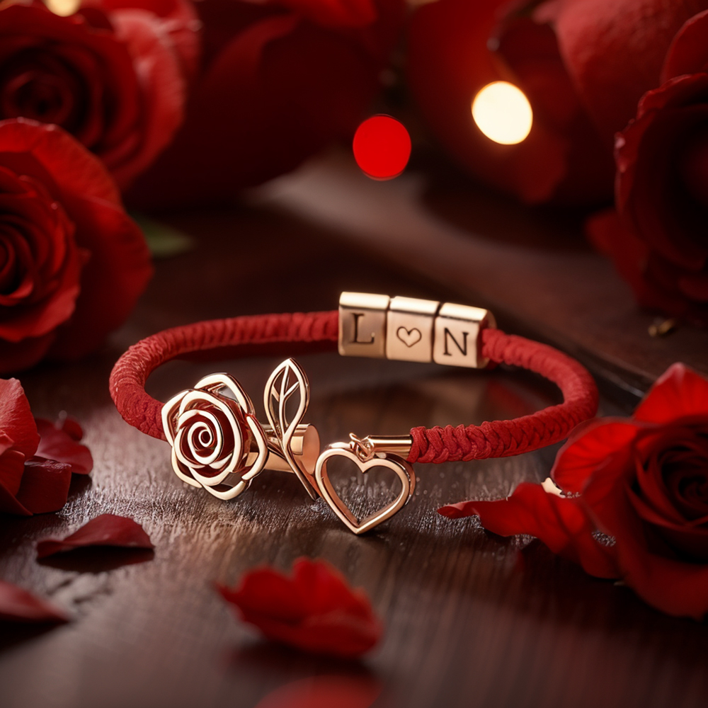 Customizable Red Rose Flower Bracelet with Initials, Personalized Red Rose Charm Bracelet, Adjustable Romantic Bracelet for Her, Perfect Gift for Anniversary or Love