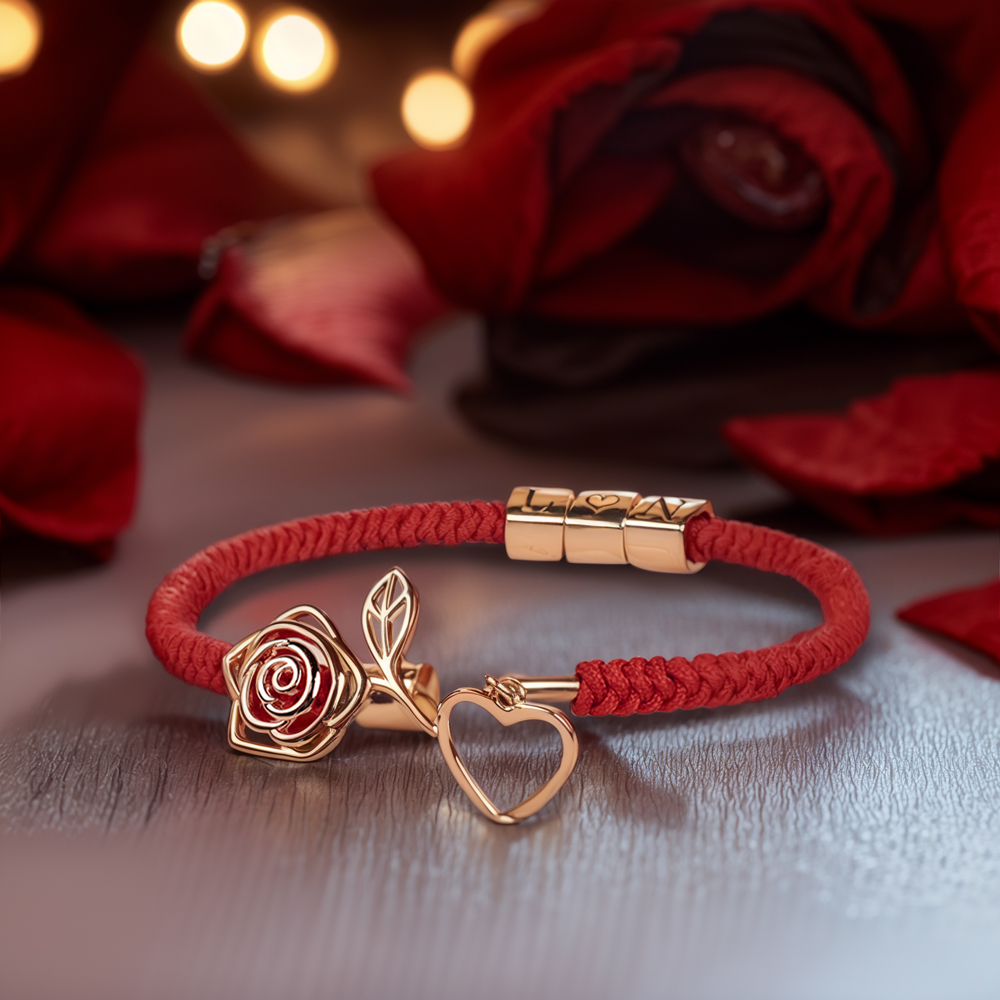Customizable Red Rose Flower Bracelet with Initials, Personalized Red Rose Charm Bracelet, Adjustable Romantic Bracelet for Her, Perfect Gift for Anniversary or Love