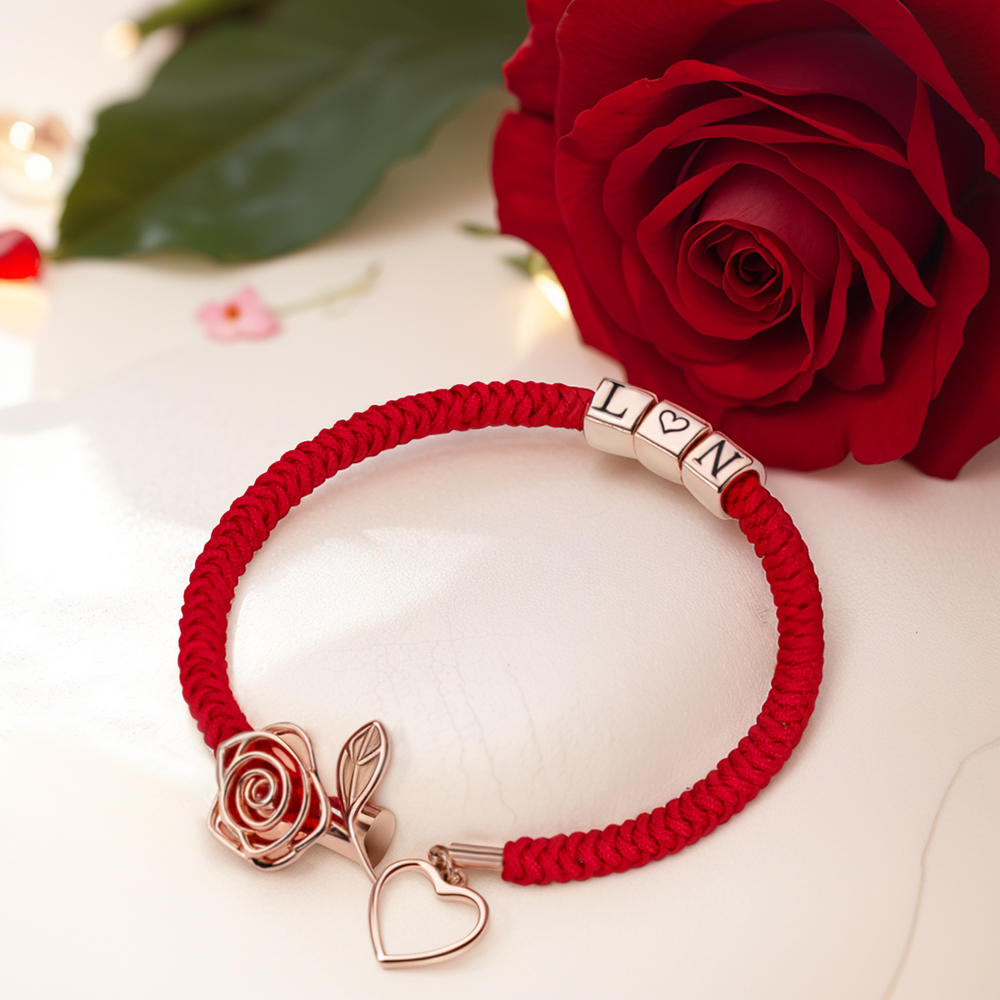Customizable Red Rose Flower Bracelet with Initials, Personalized Red Rose Charm Bracelet, Adjustable Romantic Bracelet for Her, Perfect Gift for Anniversary or Love