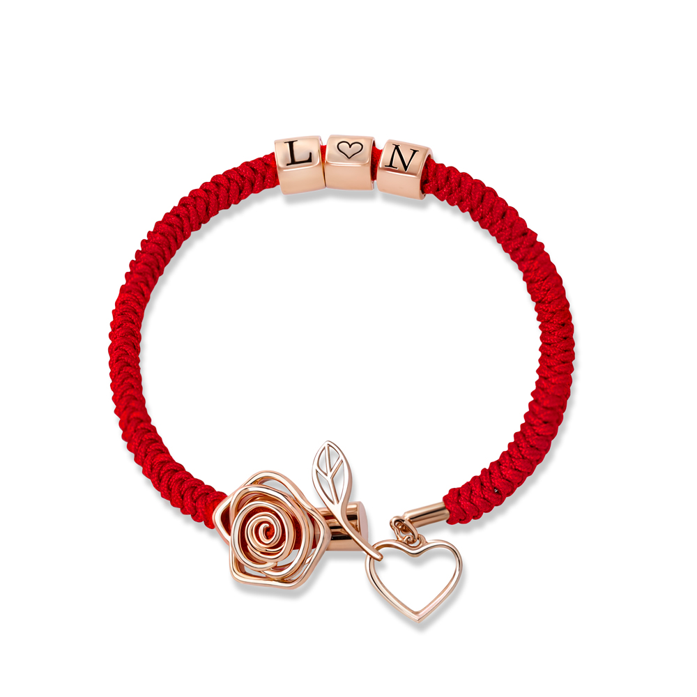 Customizable Red Rose Flower Bracelet with Initials, Personalized Red Rose Charm Bracelet, Adjustable Romantic Bracelet for Her, Perfect Gift for Anniversary or Love