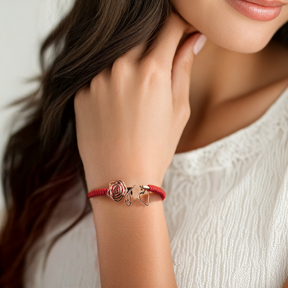 Customizable Red Rose Flower Bracelet with Initials, Personalized Red Rose Charm Bracelet, Adjustable Romantic Bracelet for Her, Perfect Gift for Anniversary or Love