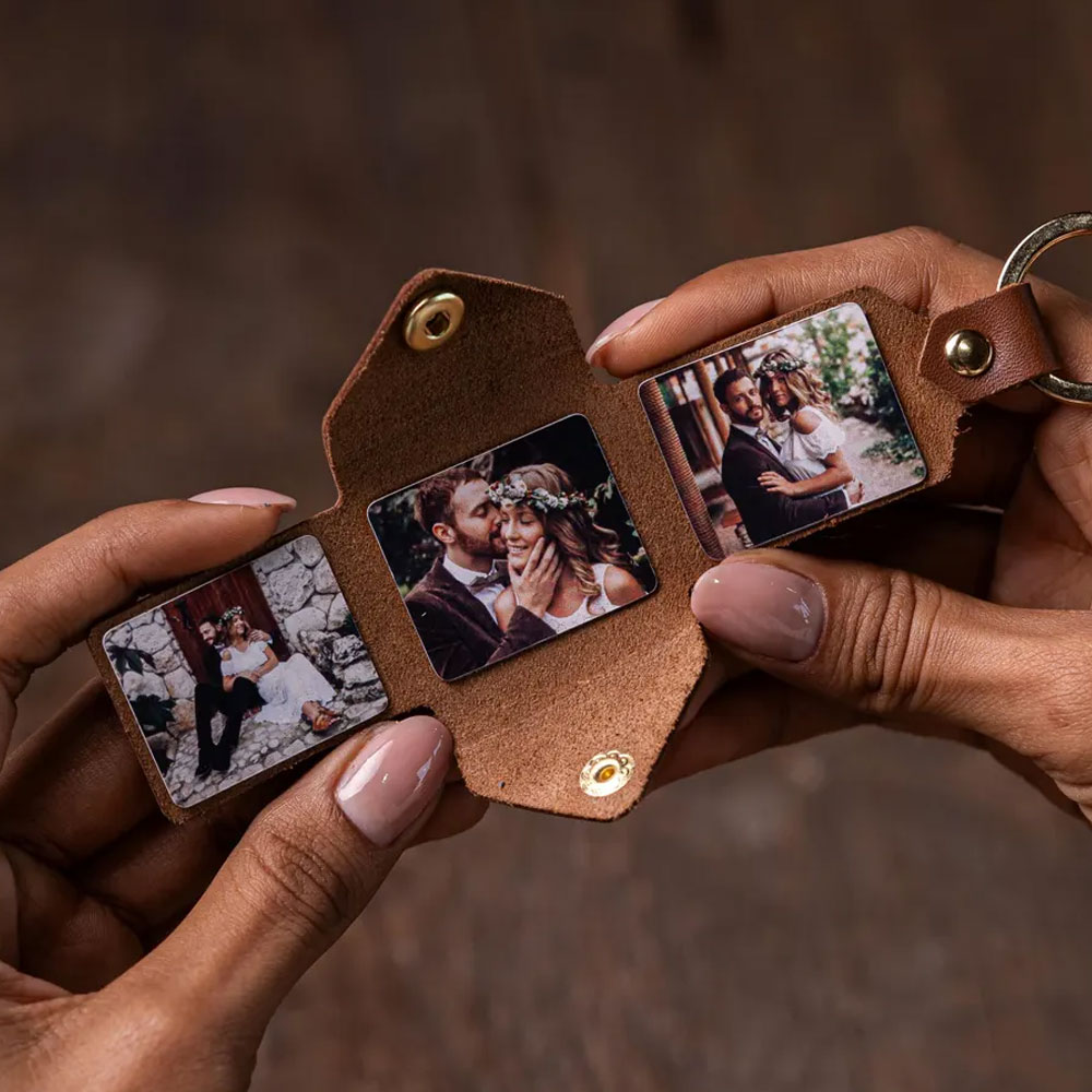 Custom Engraved Photo Album Keychain, Leather Folded Album Keyring, Memory Keepsake, Anniversary/Valentine’s Day/Father’s Day Gift for Him/Her/Dad