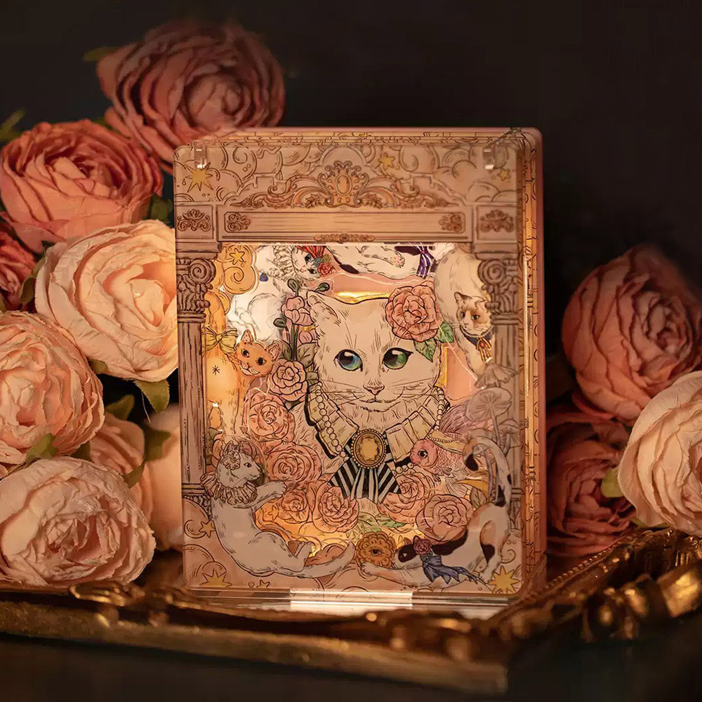 Acrylic Vintage Cat Music Box Night Light – DIY Puzzle Kit with Retro Illustration – Cute Gift for Cat Lovers, Bedroom Decor, Birthday or Christmas