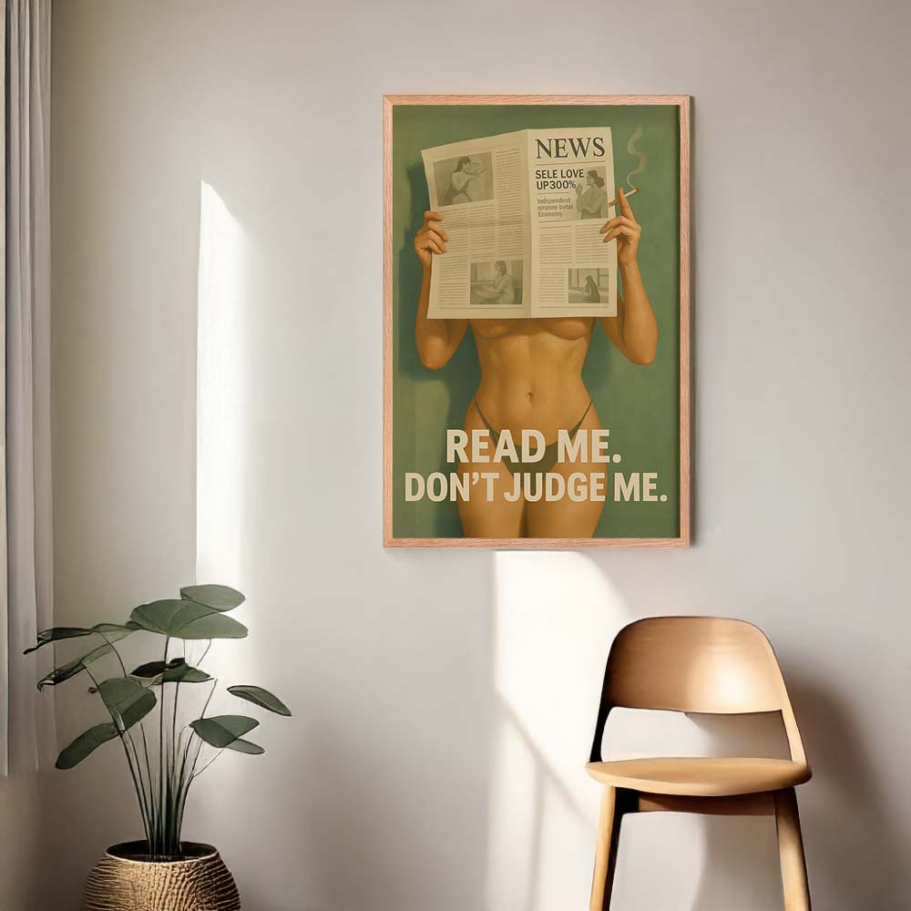 Read Me Don’t Judge Me Poster – Vintage Nude Woman Newspaper Art Print, Retro Empowering Wall Decor, Funny Feminist Bedroom Aesthetic