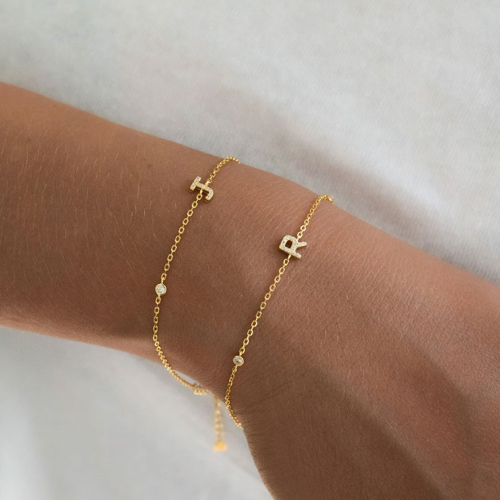 Personalized Initial Bracelet with Cubic Zirconia, Custom Letter Charm Bracelet, Minimalist Jewelry, Birthday/Anniversary Gift for Her/Wife/Friends