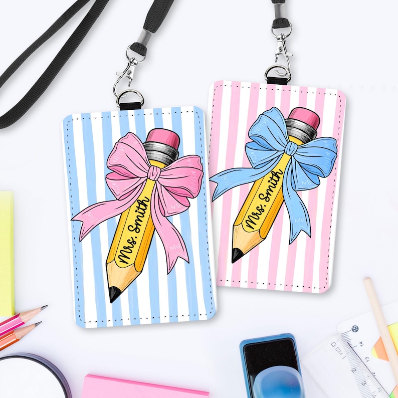 Personalized Teacher Back To School Gift, Custom Pencil Teacher Leather ID Card Holder, Teacher Lanyard Accessories Gift For Teacher