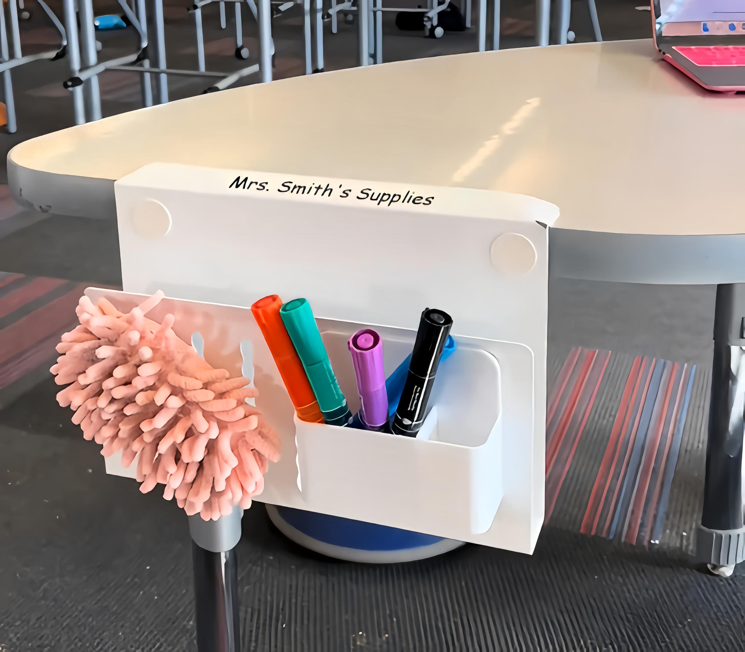 Teacher Desk Side Storage, Side Desk Laptop Holder with Anti-Scratch Pad & Magnetic Pen Holder, No Drill Under Table Laptop Mount Fits Flat Edge 0.3" to 2.3"