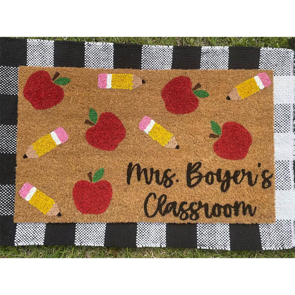 Apple and Pencil Last Name Doormat, Classroom Doormat, Teacher Gift, Back to School, Classroom Decor, Personalized Teacher Decor