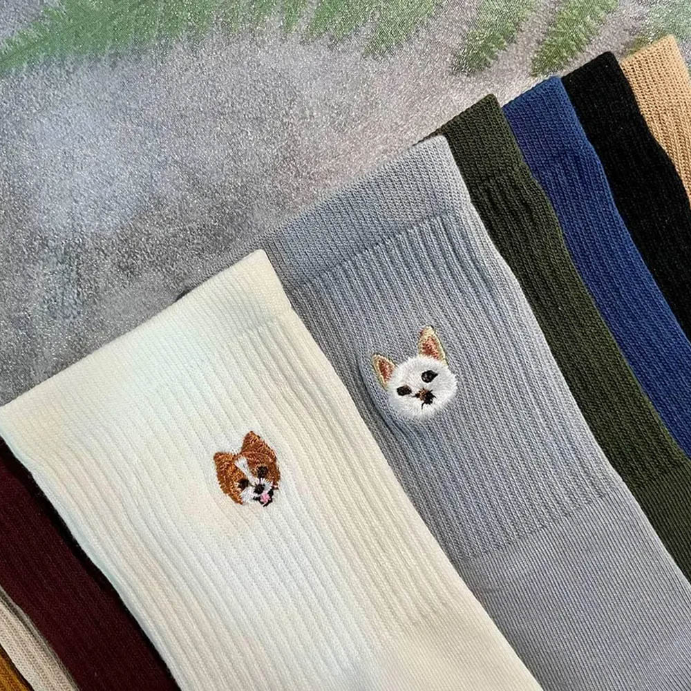 Custom Embroidered Cat & Dog Portrait Socks, Unisex Soft Crew or Ankle Socks with 1-2 Cat Dog Photos, Birthday Gift for Pet Owner/Dog Mom/Cat Dad