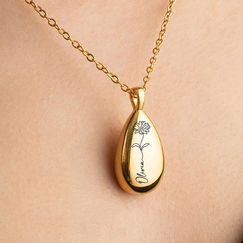 Personalized Name Teardrop Urn Necklace with Birth Flower, Cremation Jewelry, Memorial Keepsake, Sympathy Gift for Loss of Loved One/Family/Friends