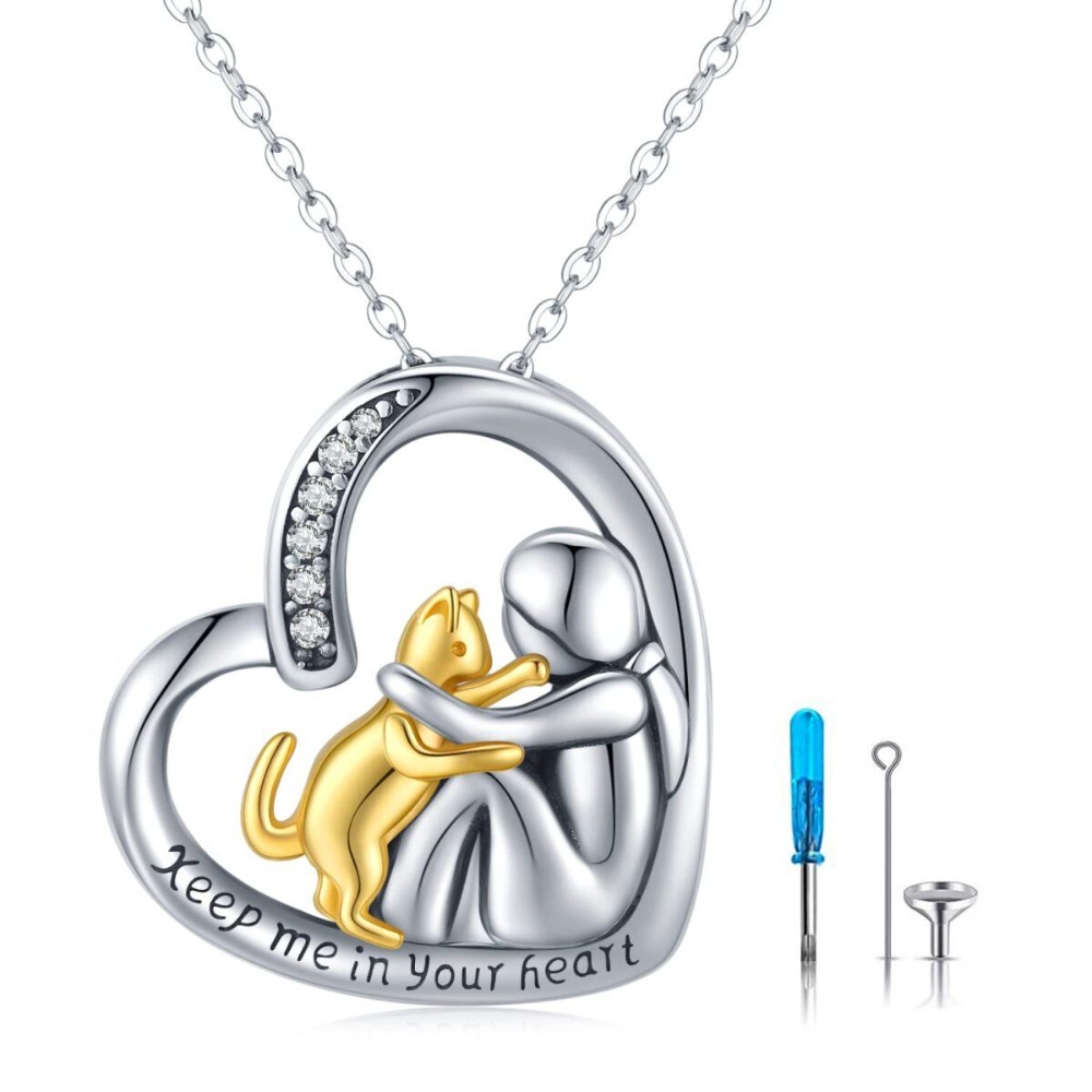 Embrace Cat Urn Necklace, Pure Silver Necklace, Set with Bicolor Square Zircon and Heart Shape, Suitable for Urns