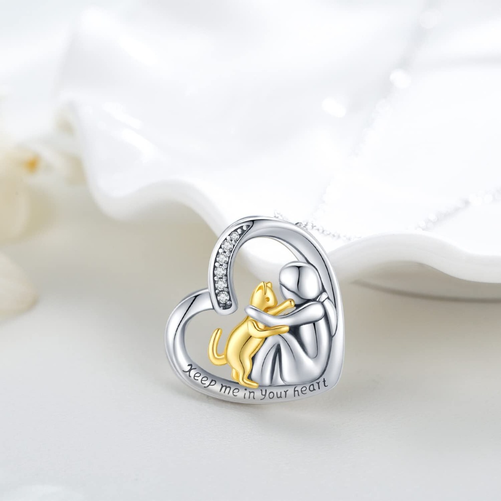 Embrace Cat Urn Necklace, Pure Silver Necklace, Set with Bicolor Square Zircon and Heart Shape, Suitable for Urns