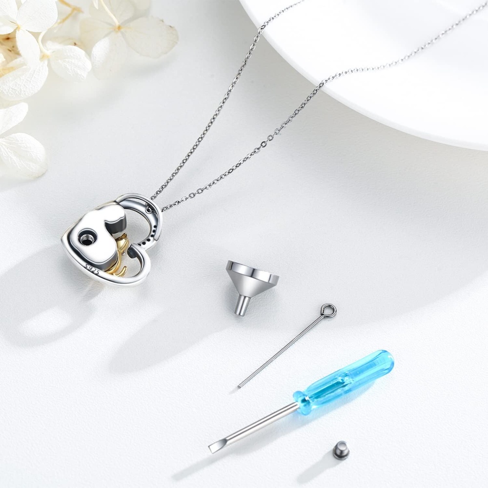Embrace Cat Urn Necklace, Pure Silver Necklace, Set with Bicolor Square Zircon and Heart Shape, Suitable for Urns