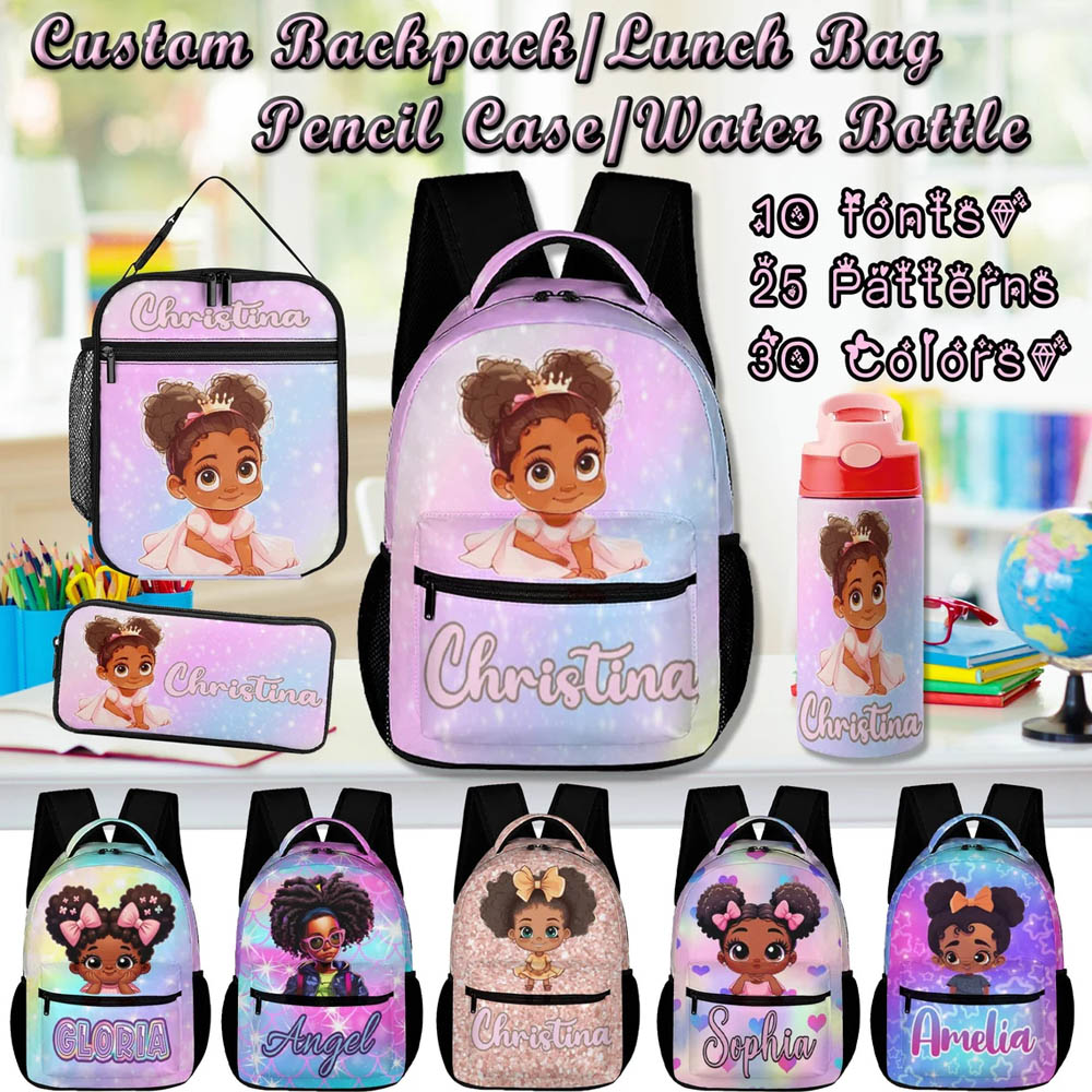 Personalized Name Afro Girl School Bag Set, Backpack/Lunch Bag/Pencil Pouch/Water Bottle, School Accessories, Birthday/Back to School Gift for Girls