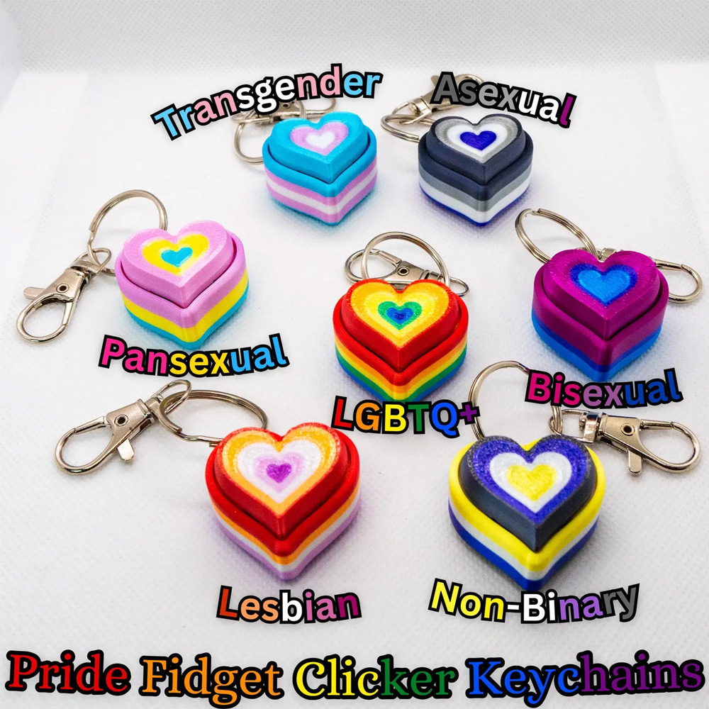 3D Printed Pride Fidget Heart Clicker Keychain, LGBTQ+, Trans, Non-Binary, Asexual & More!