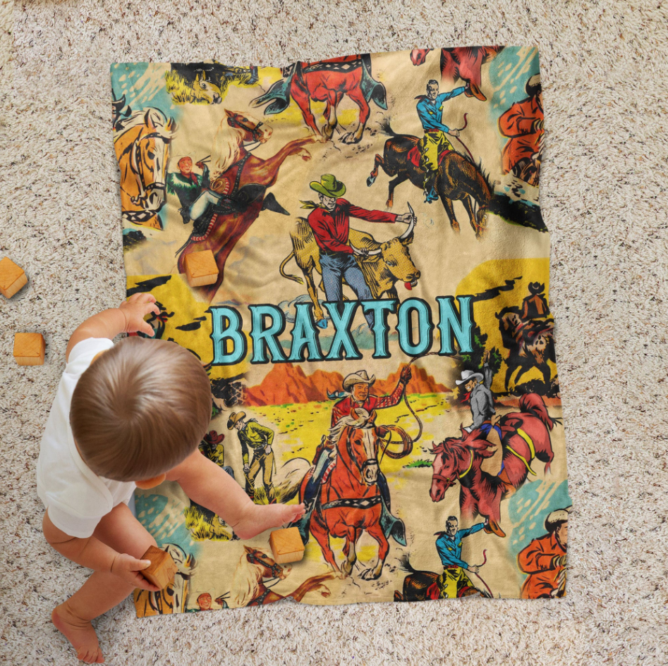 Personalized Vintage Western Cowboy Baby Blanket – Retro Rodeo Nursery Throw with Name Customization