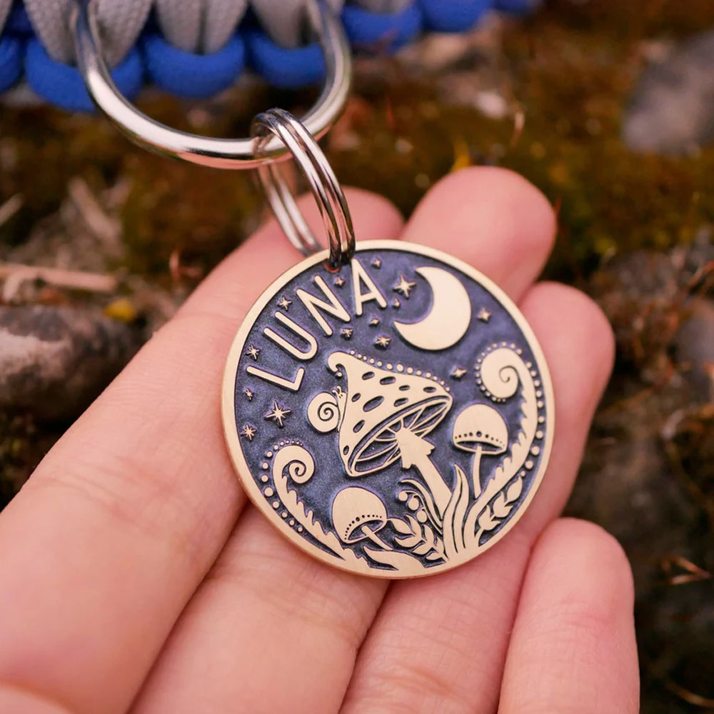 Personalized Engraved Pet Name Mushroom Moon ID Tag, Retro Style Anti-loss Dog/Cat Collar Charm with Custom Backside Text, Gift for Pet Owners/Lovers
