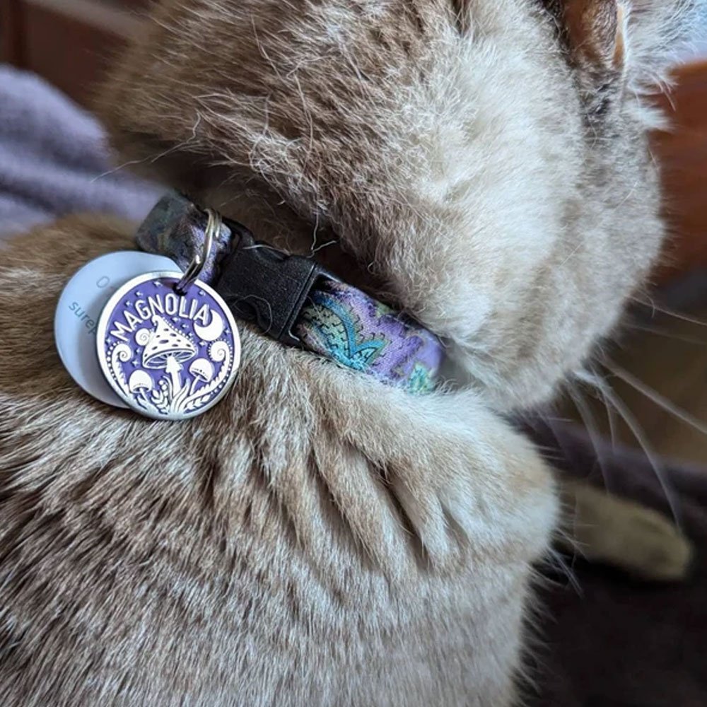 Personalized Engraved Pet Name Mushroom Moon ID Tag, Retro Style Anti-loss Dog/Cat Collar Charm with Custom Backside Text, Gift for Pet Owners/Lovers