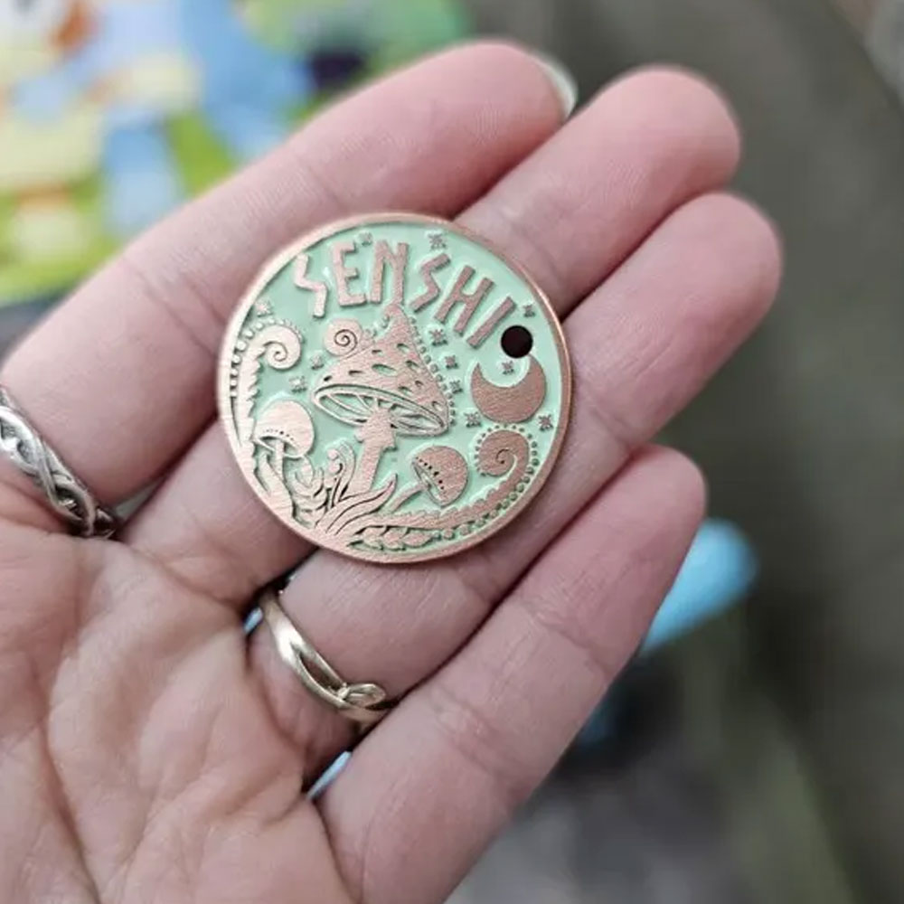 Personalized Engraved Pet Name Mushroom Moon ID Tag, Retro Style Anti-loss Dog/Cat Collar Charm with Custom Backside Text, Gift for Pet Owners/Lovers