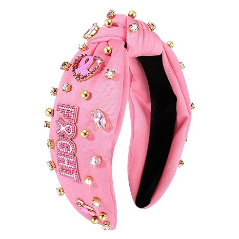 Personalized Breast Cancer Awareness Crystal Knotted Headband, Pink Ribbon Rhinestone Beads Headpiece, Top Knot Twist FIGHT Hairband, Wide Breast Cancer Awareness Accessories for Girls