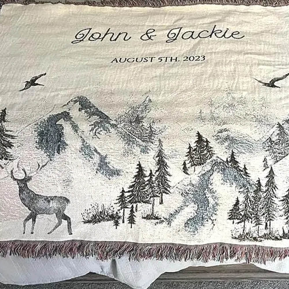 Custom Name & Date Wilderness Landscape Blanket, Soft Nature-Inspired Bed Couch Throw with Tassel, Birthday/Anniversary Gift for Couple/Nature Lovers