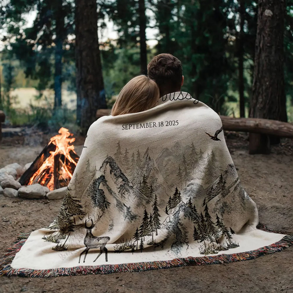Custom Name & Date Wilderness Landscape Blanket, Soft Nature-Inspired Bed Couch Throw with Tassel, Birthday/Anniversary Gift for Couple/Nature Lovers