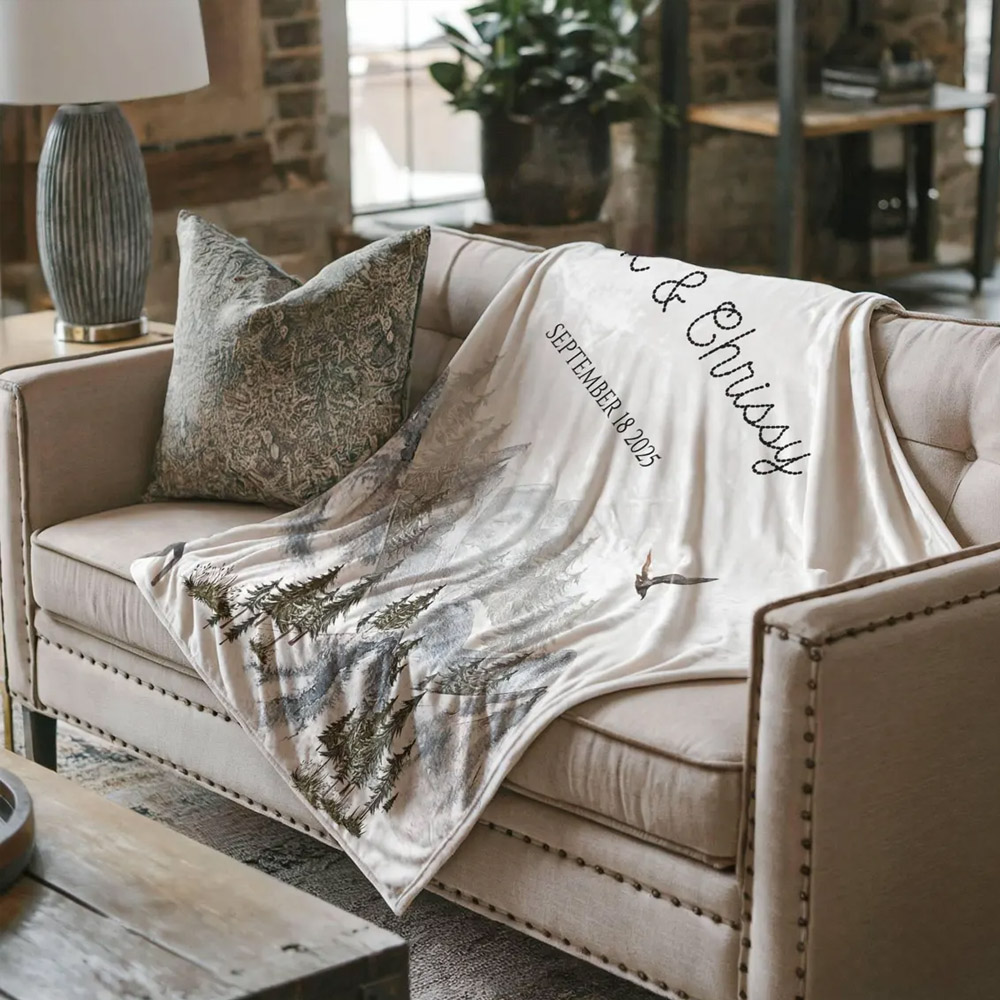 Custom Name & Date Wilderness Landscape Blanket, Soft Nature-Inspired Bed Couch Throw with Tassel, Birthday/Anniversary Gift for Couple/Nature Lovers