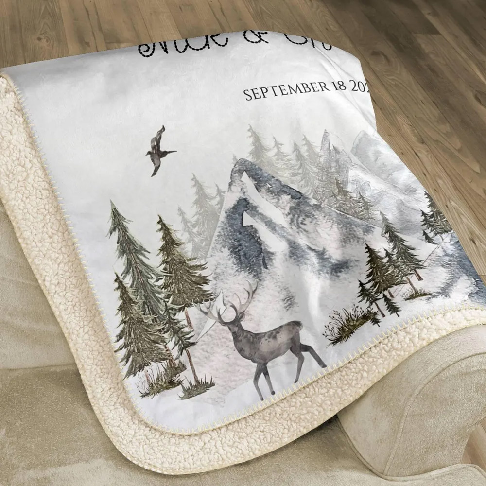 Custom Name & Date Wilderness Landscape Blanket, Soft Nature-Inspired Bed Couch Throw with Tassel, Birthday/Anniversary Gift for Couple/Nature Lovers
