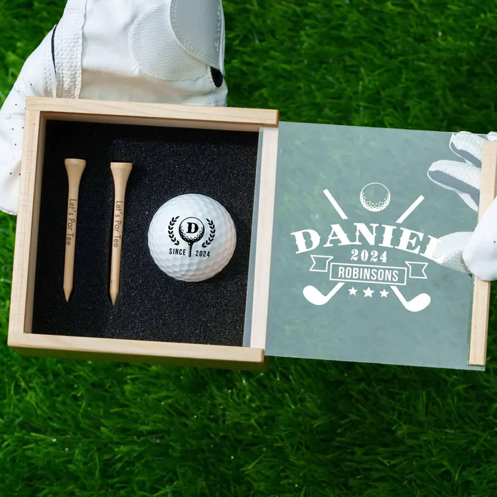 Golf Gift Set for Golfer, Custom Golf Gift Set with Golf Ball, Tees, Wooden Gift Box, Anniversary Gift for Him, Golf Accessories