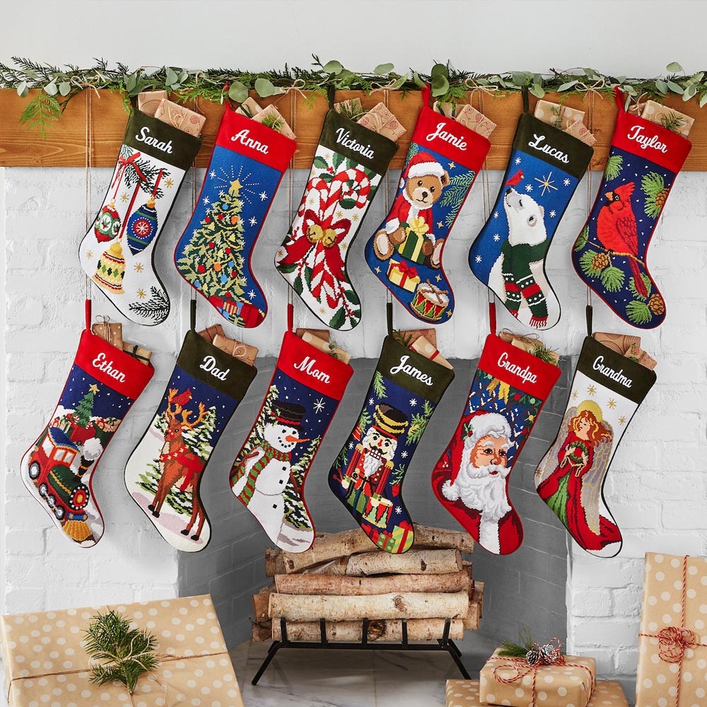 Personalized Name Embroidered Traditional Country Christmas Stocking, Needlepoint Family Stocking, Holiday Party Favor, Christmas Gift for Family/Kids