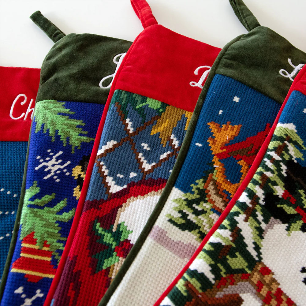 Personalized Name Embroidered Traditional Country Christmas Stocking, Needlepoint Family Stocking, Holiday Party Favor, Christmas Gift for Family/Kids