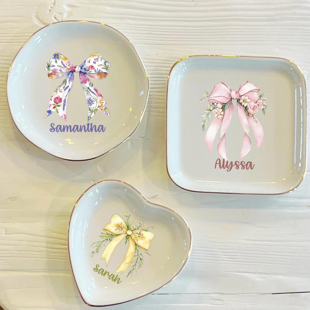 🎁 Personalized Bow Ring Dish, Watercolor Fancy Bow Ring Dish, Birthday Jewelry Dish, Wedding Bridesmaid Gift