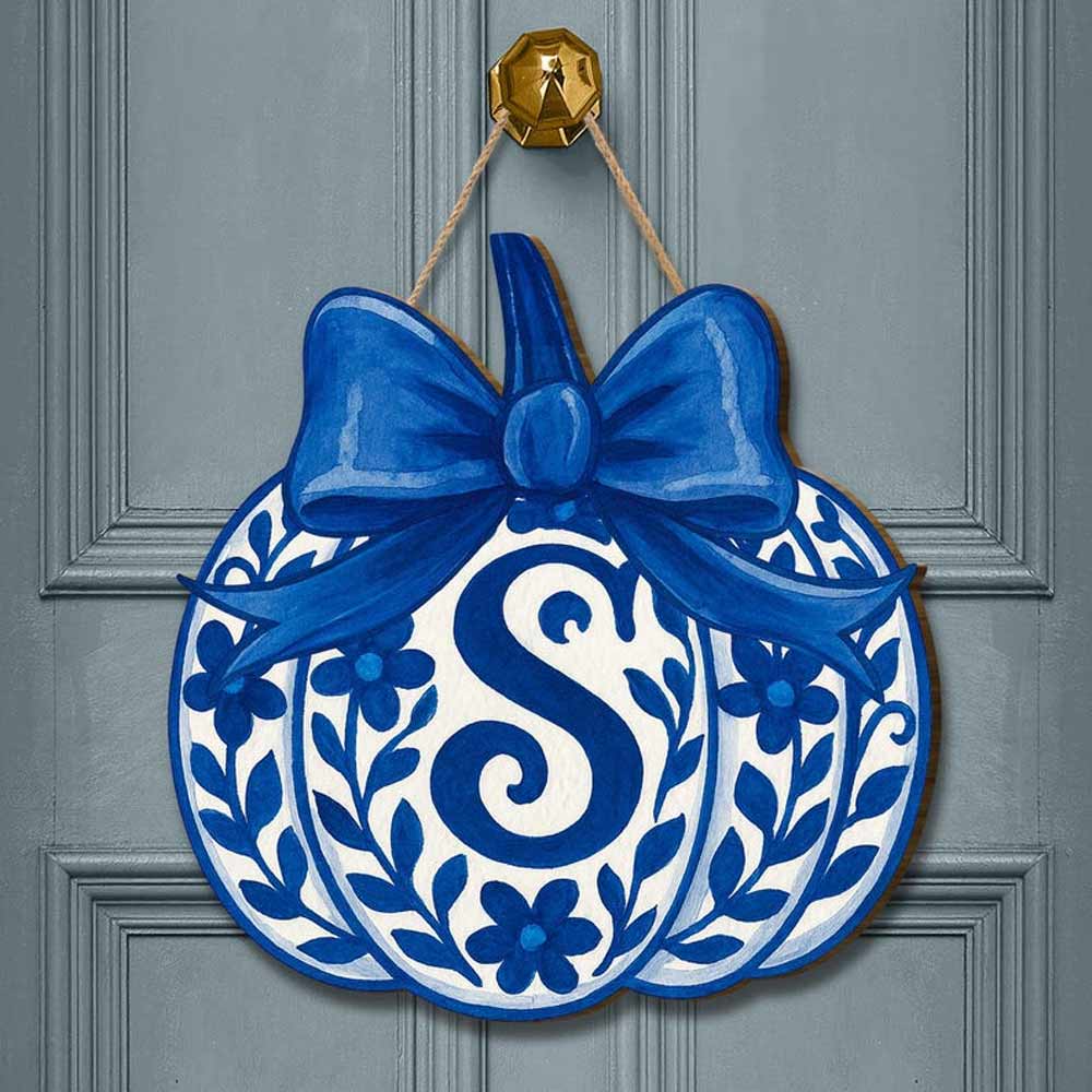 🎁 Chinoiserie Pumpkin Door Hanger Personalized Blue Fall Monogram Sign Elegant Front Porch Autumn Decor Gift Fall Sign