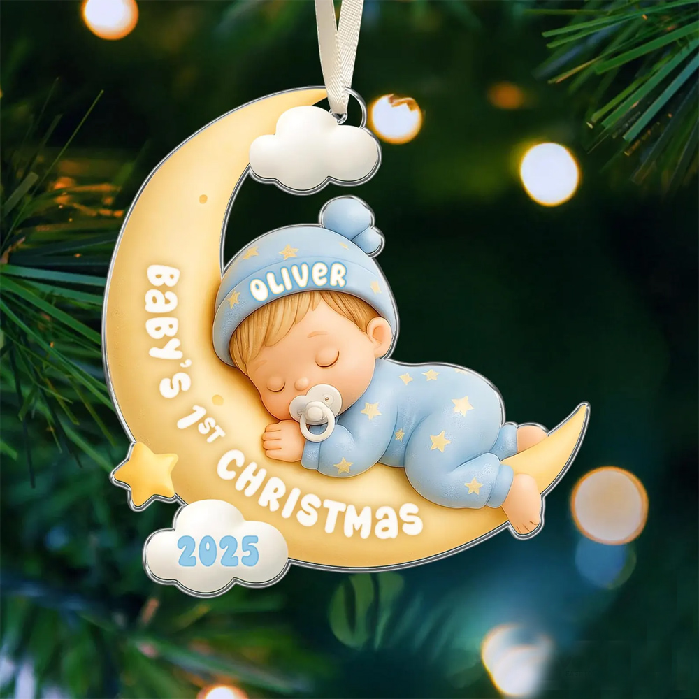Personalized Name Baby's First Christmas Ornament, Acrylic Newborn Sleeping in Moon Hanging Keepsake, Christmas Gift for Newborns/New Parents