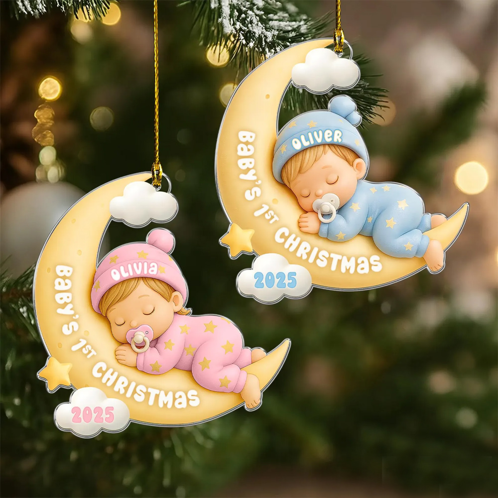 Personalized Name Baby's First Christmas Ornament, Acrylic Newborn Sleeping in Moon Hanging Keepsake, Christmas Gift for Newborns/New Parents
