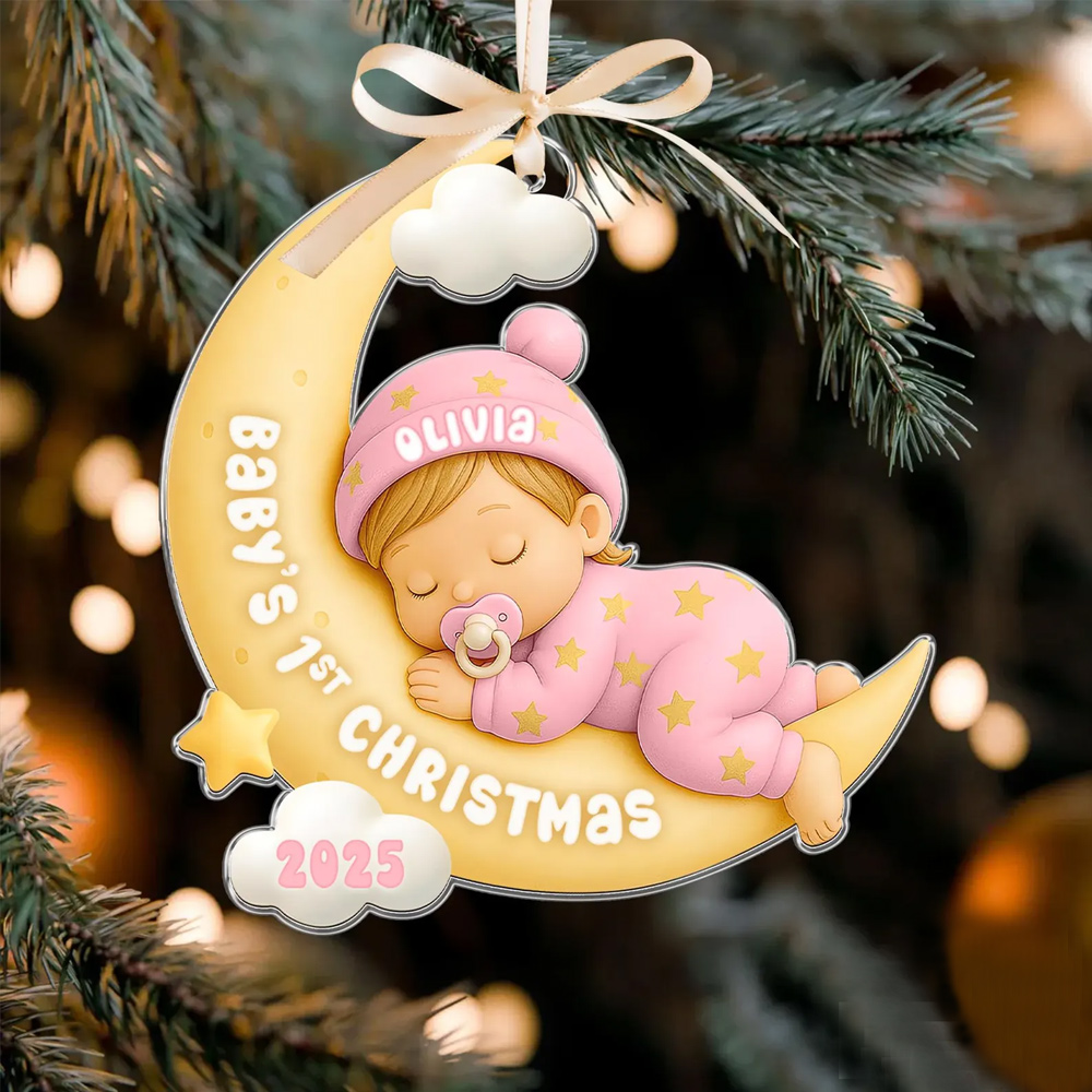 Personalized Name Baby's First Christmas Ornament, Acrylic Newborn Sleeping in Moon Hanging Keepsake, Christmas Gift for Newborns/New Parents