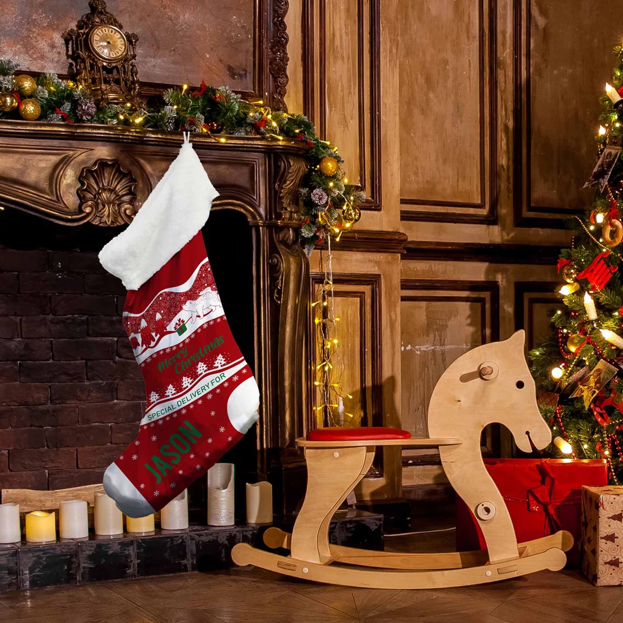 Personalized Name Jumbo Santa Theme Christmas Stocking, Extra Large Fur Lined Fireplace Christmas Hanging Ornament, Christmas Gift for Family/Kids