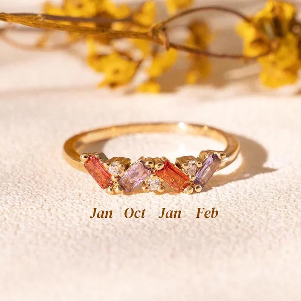 Personalized Family 1-6 Birthstone Ring, Sterling Silver 925 Baguette Ring, Statement Jewelry for Women, Christmas/Birthday Gift for Mother/Wife/Her
