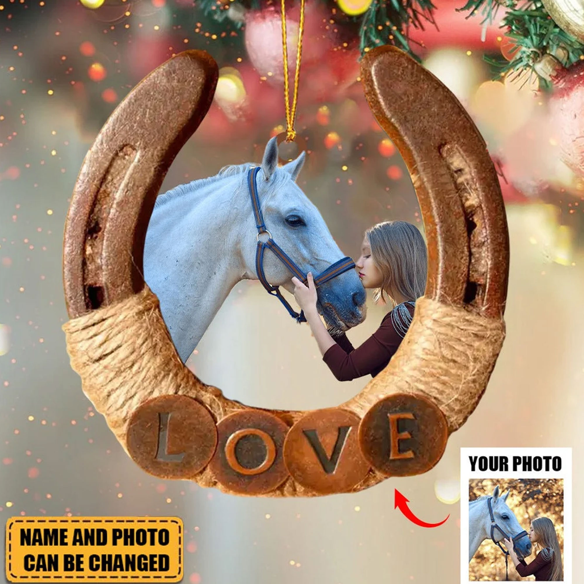 Personalized Name & Photo Horseshoe Christmas Ornament, Custom Portrait Hanging Holiday Decor, Christmas Gift for Horse Lovers/Riders/Equestrians