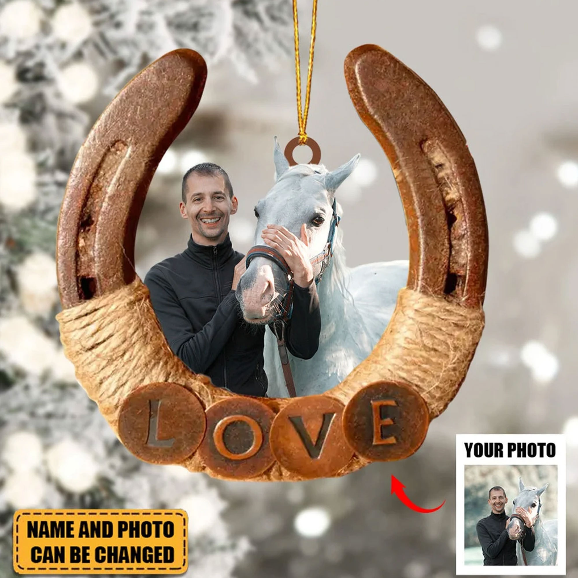 Personalized Name & Photo Horseshoe Christmas Ornament, Custom Portrait Hanging Holiday Decor, Christmas Gift for Horse Lovers/Riders/Equestrians