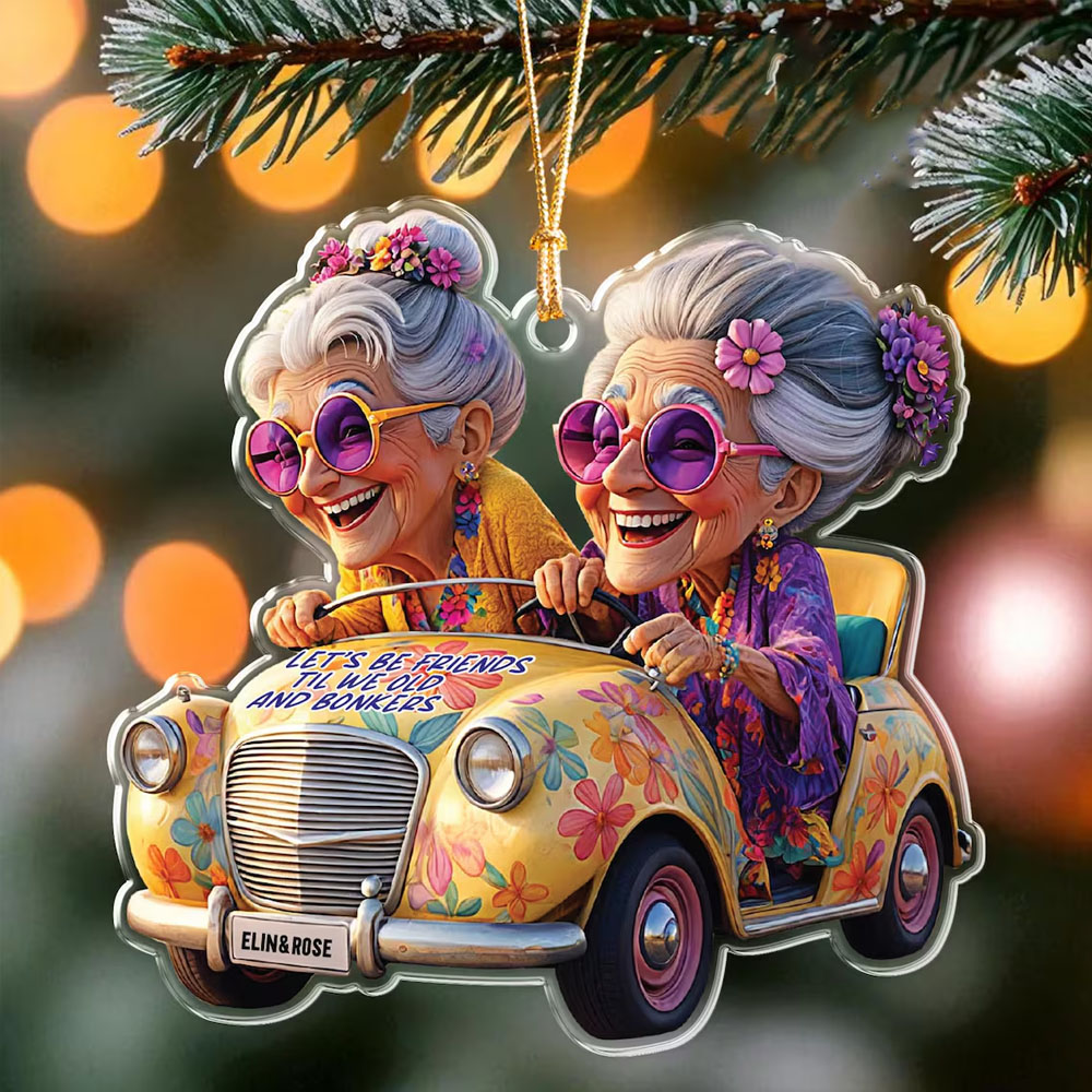 Personalized Best Friends Names Ornament, Old Ladies in Car, Acrylic Hanging Friendship Decor, Christmas Gift for Lifelong Friends/Grandma/Bestie