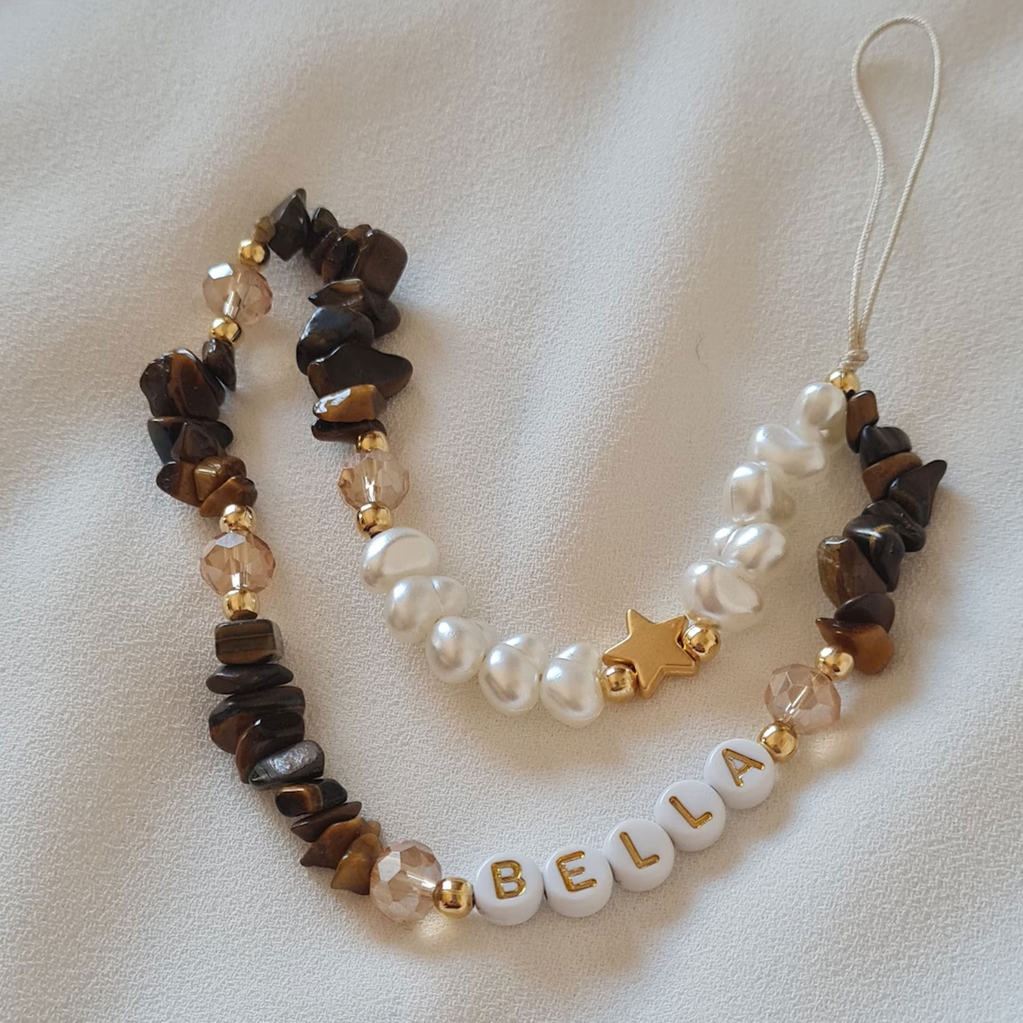 Personalized Name Tiger Eye Phone Strap, Healing Crystal Phone Chain, Pearl Beaded Phone Charm, Birthday/Wedding Gift for Her/Mom/Bridesmaids
