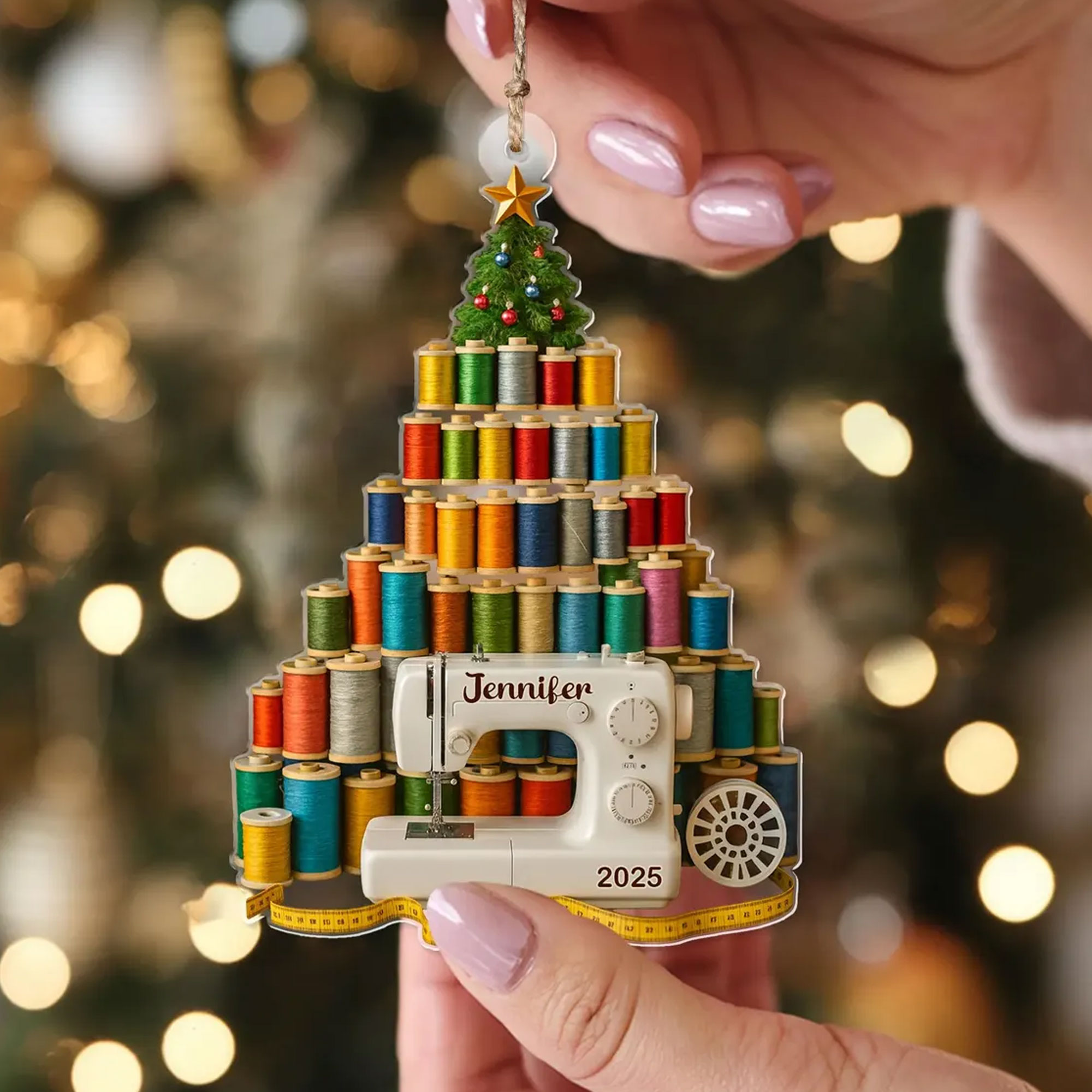 Personalized Sewing Ornament with Name & Year, Acrylic Thread Spools Hanging Christmas Tree Decor, Christmas Gift for Seamstress/Quilter/Sewing Lovers