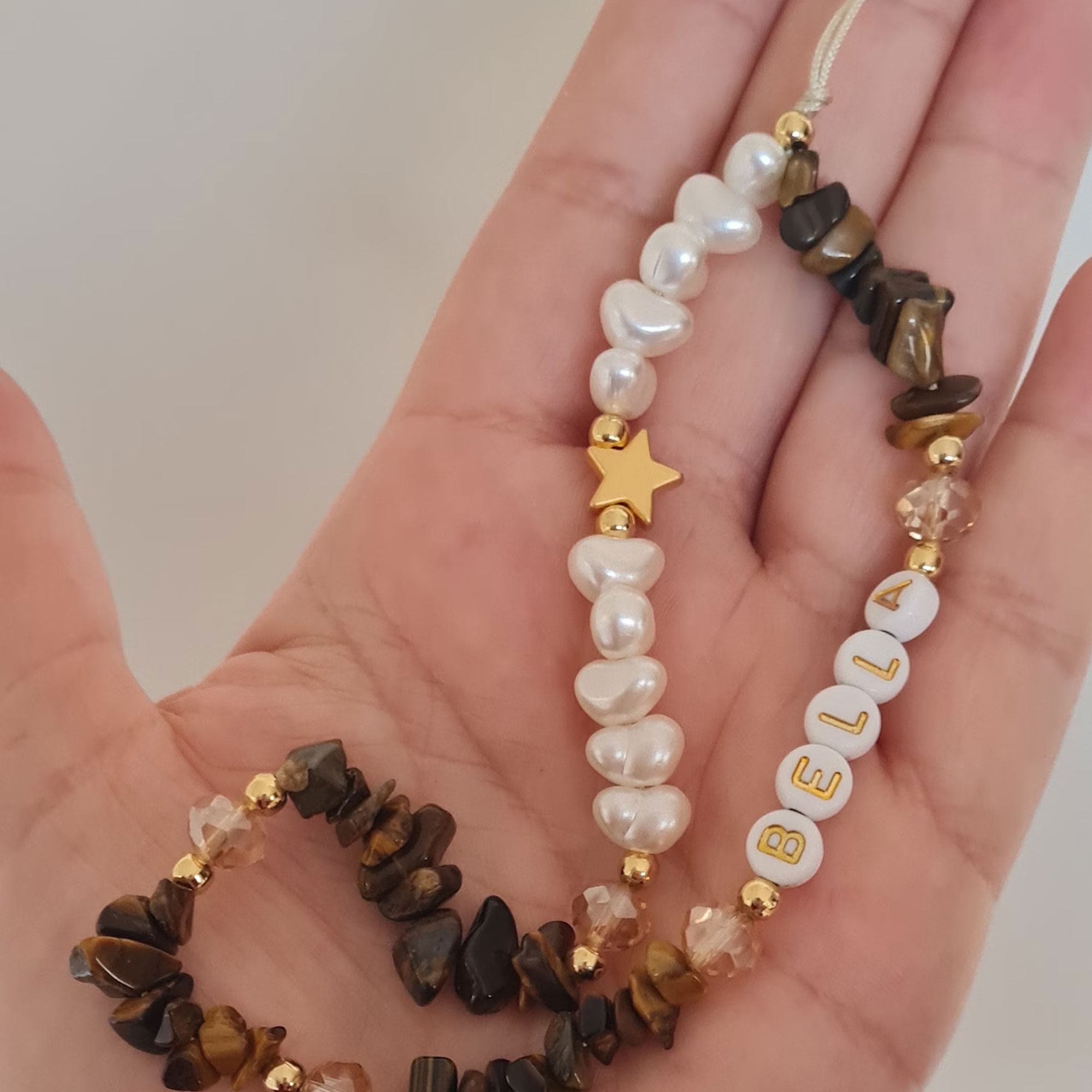Personalized Name Tiger Eye Phone Strap, Healing Crystal Phone Chain, Pearl Beaded Phone Charm, Birthday/Wedding Gift for Her/Mom/Bridesmaids